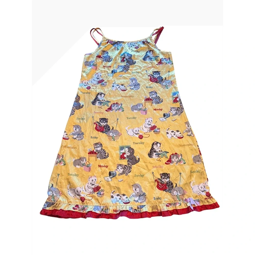 Y2K Nick & Nora Cat Kitten Days of the Week Satin Nightgown Girls Large 10/12
